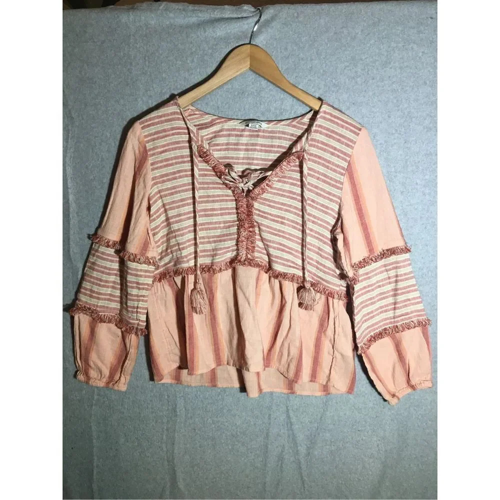 Womens American Eagle Blouse Mixed Media Materials Lagenlook Orange Pink Casual